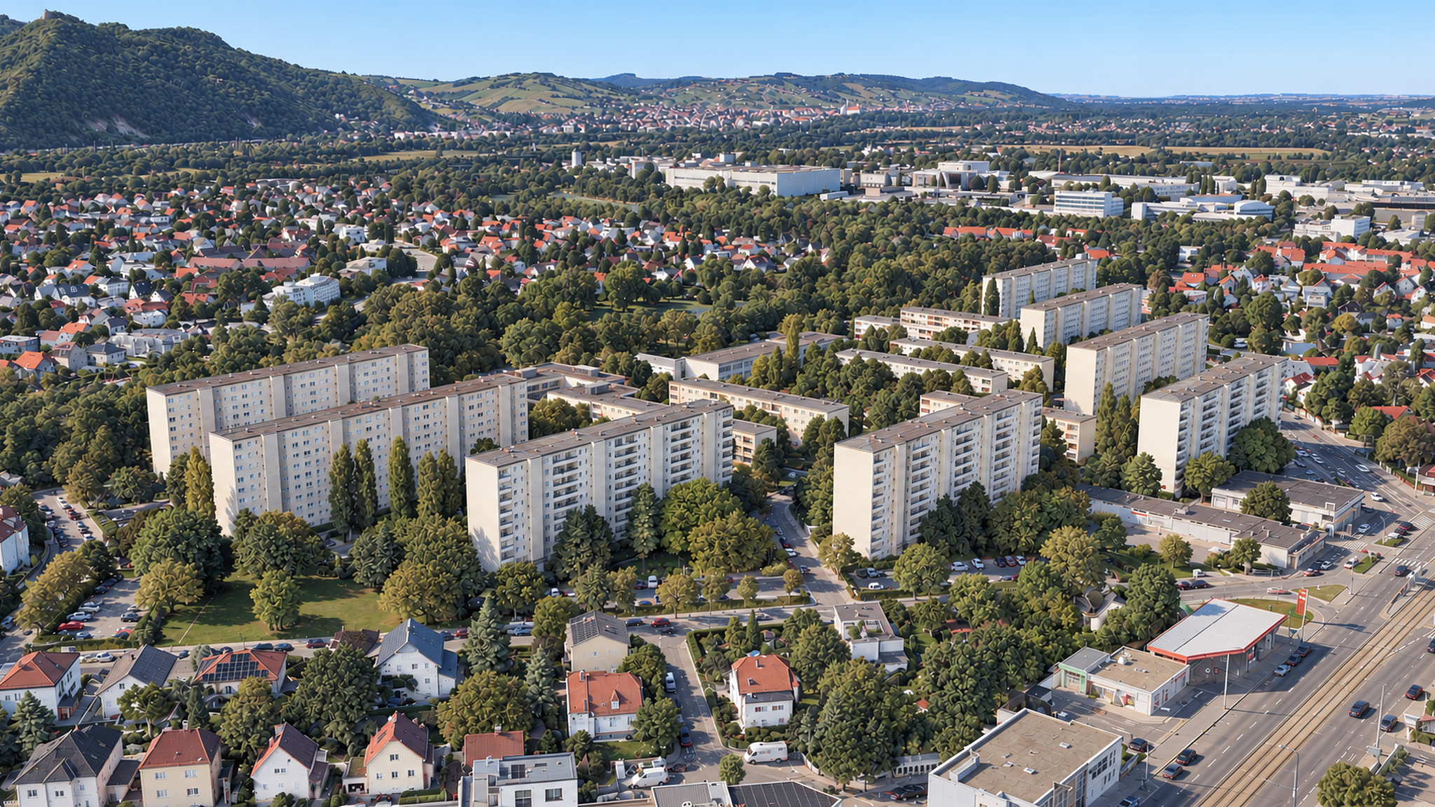 Wohnhausanlage Autokaderstraße 3-7, Wien – Luftbild mit Bisamberg