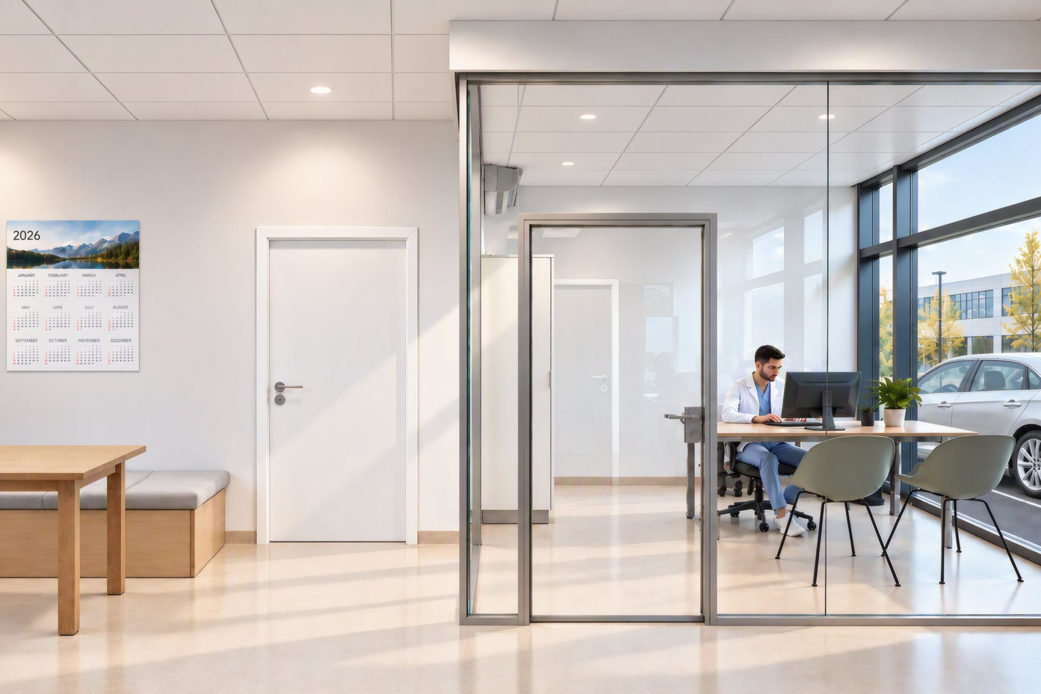 Aufenthaltsbereich und verglastes Büro mit Arbeitsplatz am Fenster